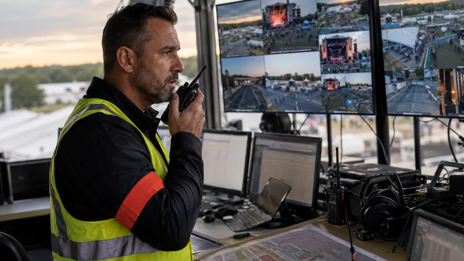 Coordinateur sécurité au talkie-walkie dans le PC sécurité d'un festival, devant les écrans de vidéosurveillance du site et le plan du dispositif
